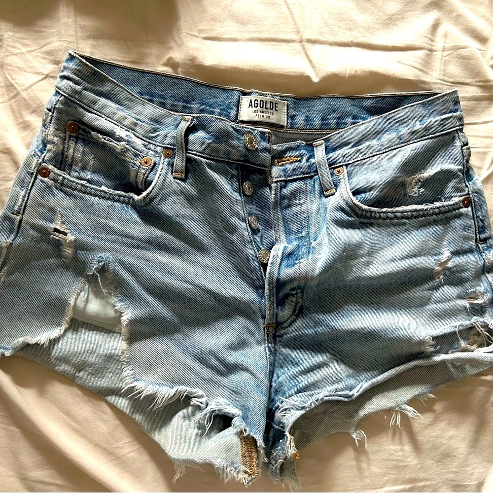 Agolde Blue Vintage Wash Parker Jean Shorts Distressed Detailing